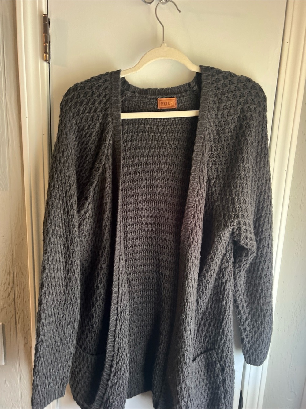 POL Charcoal Gray Open-Front Waffle Knit Cardigan